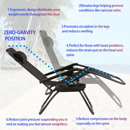 Set of 2 Zero Gravity Chairs Portable Lounge Patio Chairs Folding Zero Gravity Recliner with Pillow & Cup Holder for Patio, Poolside, Camping, Black