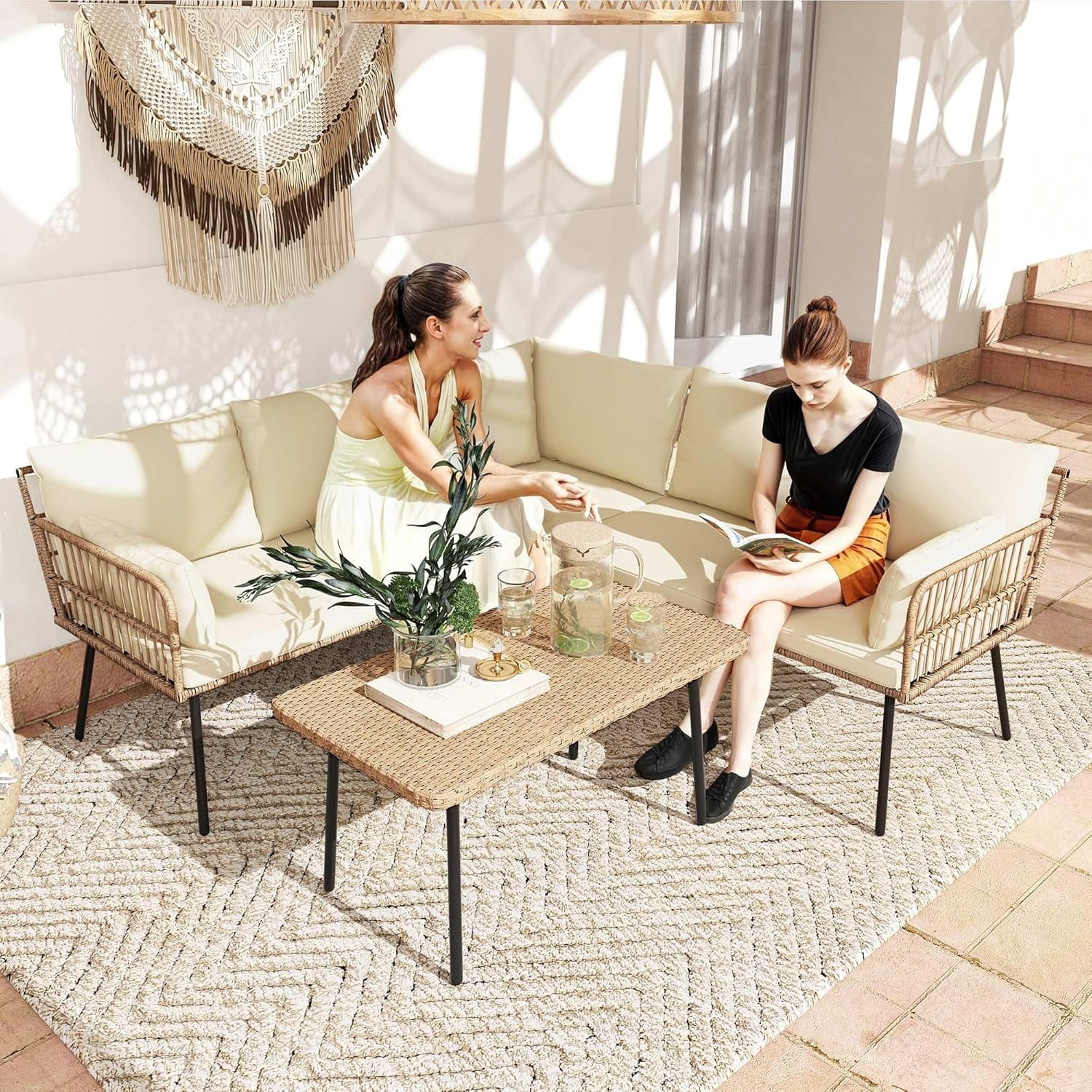 XH Patio Furniture Set, 4 Pieces Outdoor Patio Conversation Set, All-Weather PE Rattan Sectional L-Shaped Sofa with Soft Cushion and Side Table for Backyard, Porch, Boho Detachable Lounger (Beige)