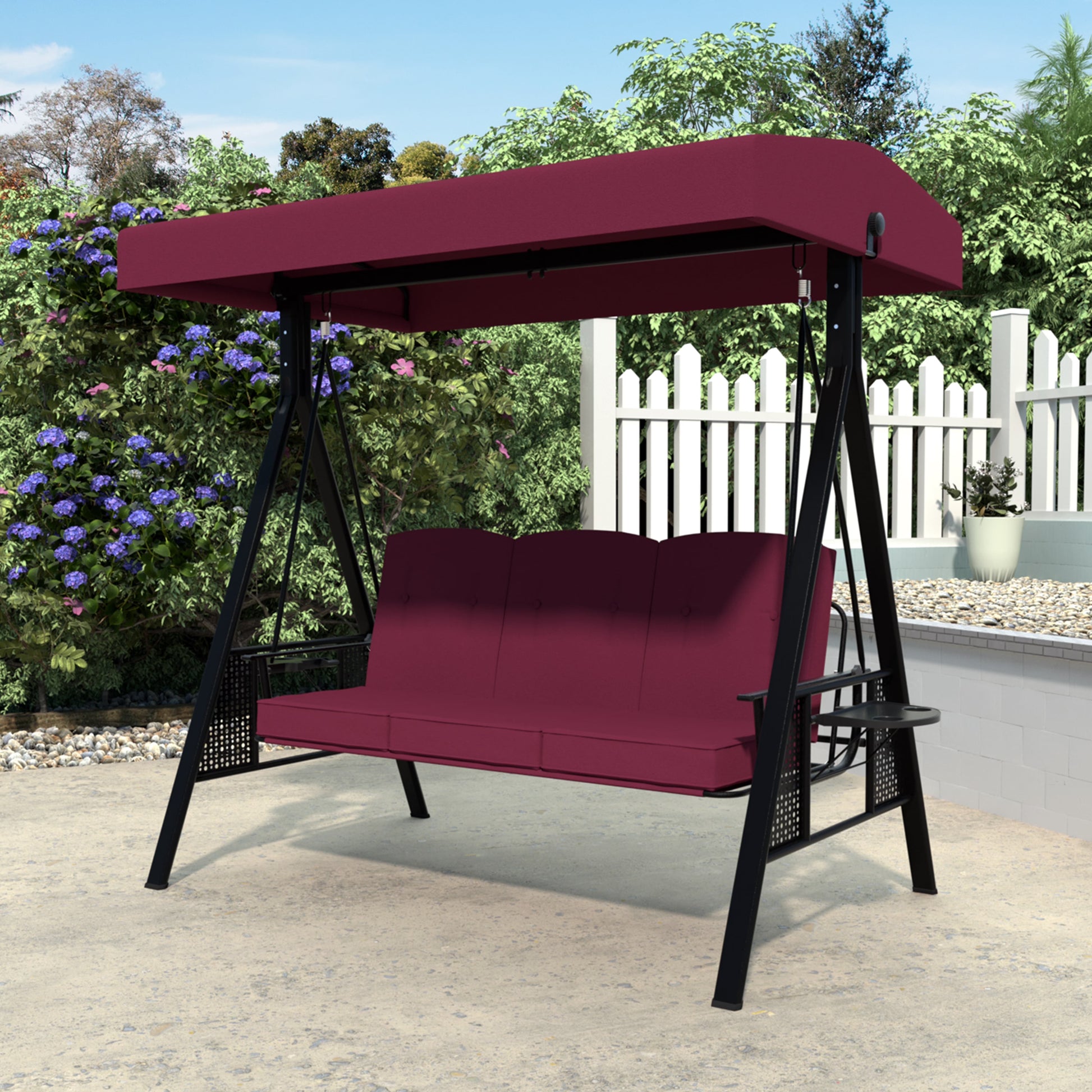 VEIKOUS 3-Seat Porch Swing Glider Outdoor with Adjustable Canopy and Side tables for Patio, Beige