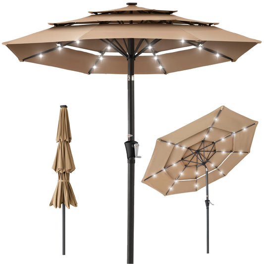 Best Choice Products 10ft 3-Tier Solar Patio Umbrella w/24 LED Lights, Tilt Adjustment, Easy Crank - Tan