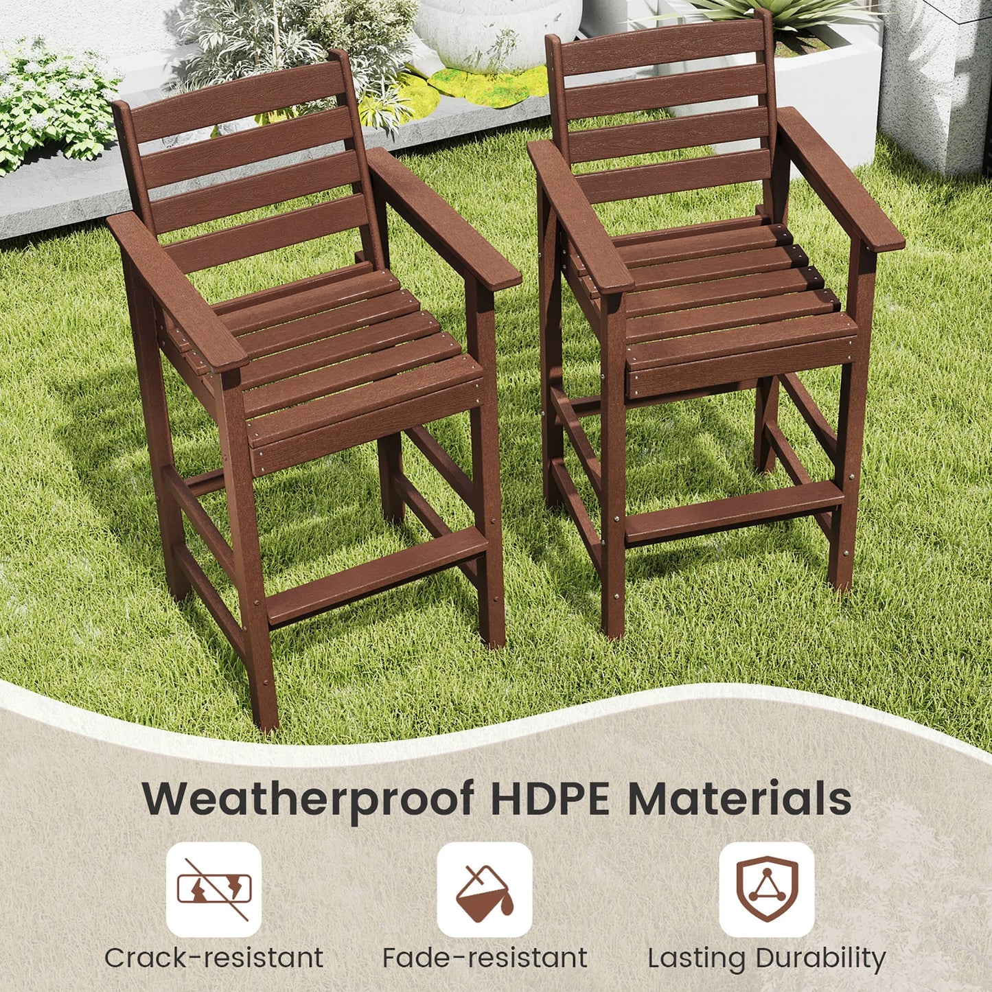 Gymax Patio Bar Stools Set of 4 Tall Adirondack Chair w/Backrest Armrests & Footrests Brown