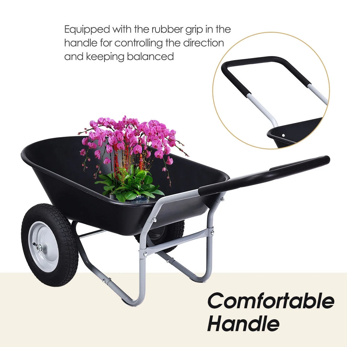JWRWEF 2-Tire Wheelbarrow Garden Cart, Heavy-Duty Steel Frame & PP Tub, 330 lbs Capacity, Dual Pneumatic Tires Utility Dolly for Lawn, Farm, Patio, and Warehouse - Black