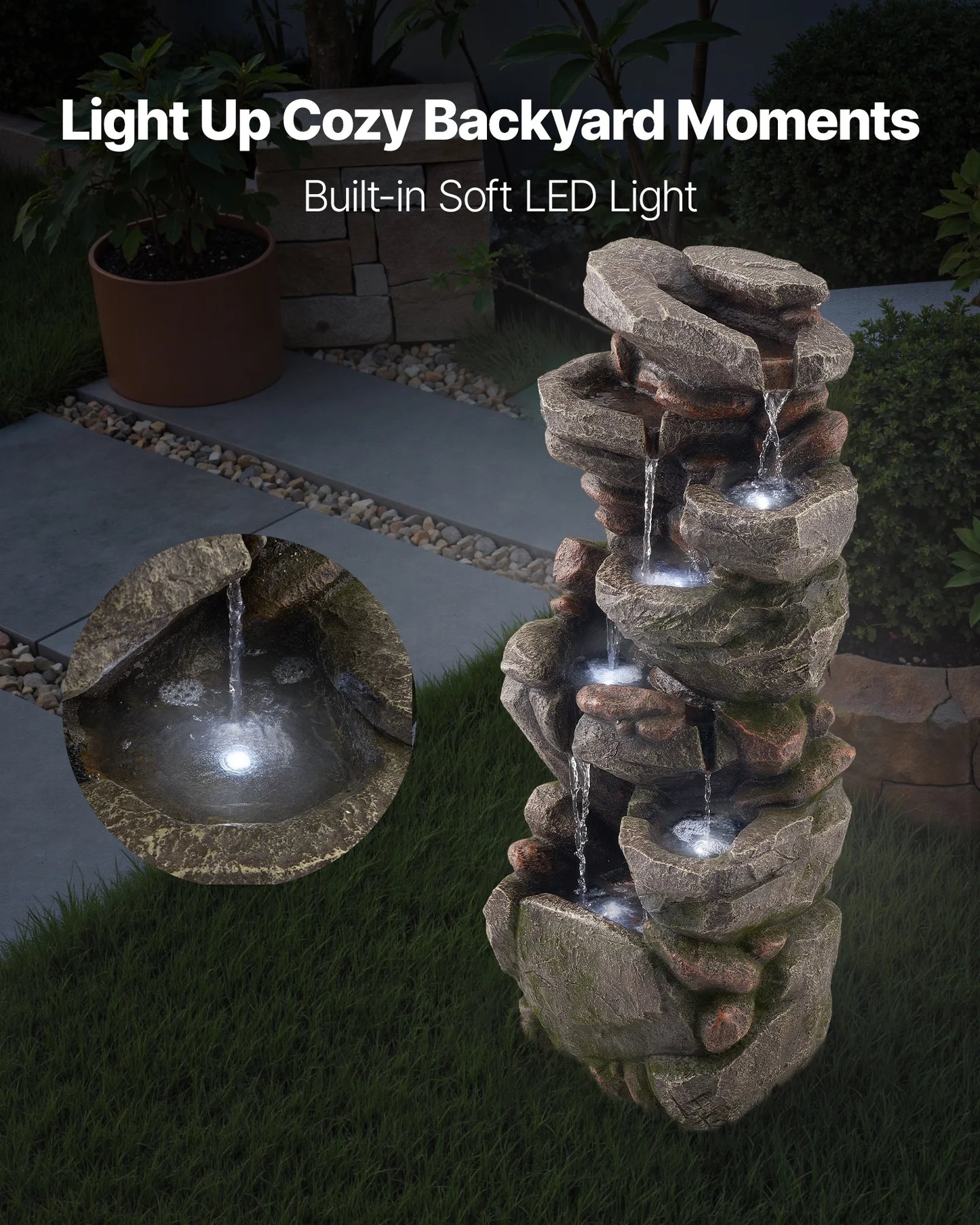 VEVOR Outdoor Water Fountain, 38.98 in Height Fountain and Waterfall, 7-Tier Floor Standing Rock-Shaped Cascading Fountains with LED Light and Pump, for Outdoor Indoor Garden, Home, Patio & Backyard