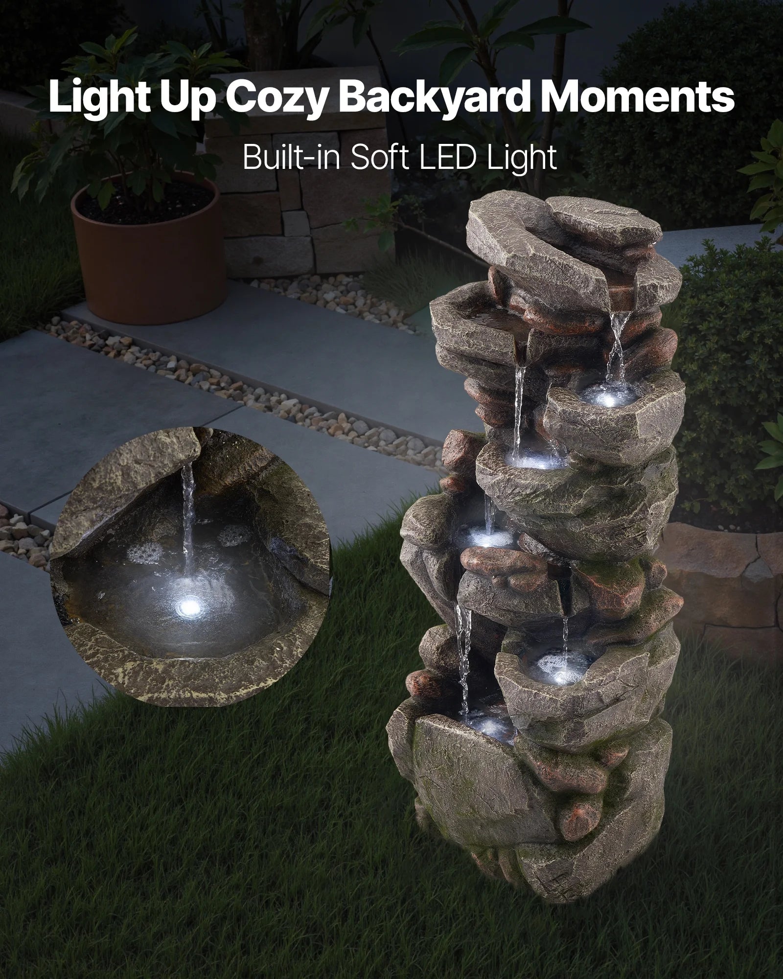 VEVOR Outdoor Water Fountain, 38.98 in Height Fountain and Waterfall, 7-Tier Floor Standing Rock-Shaped Cascading Fountains with LED Light and Pump, for Outdoor Indoor Garden, Home, Patio & Backyard