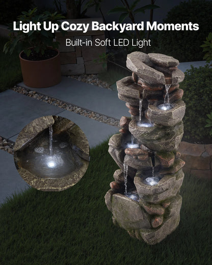VEVOR Outdoor Water Fountain, 38.98 in Height Fountain and Waterfall, 7-Tier Floor Standing Rock-Shaped Cascading Fountains with LED Light and Pump, for Outdoor Indoor Garden, Home, Patio & Backyard