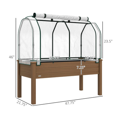 Outsunny Raised Garden Bed with PE Greenhouse Cover Outdoor Elevated Wood Planter Box for Herbs, Vegetables, for Patio, Backyard, Balcony, Brown