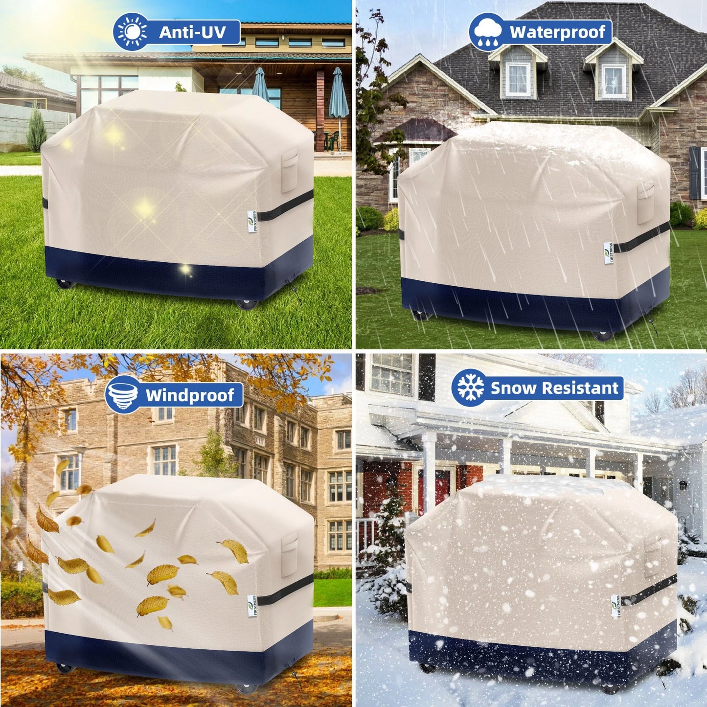Firstness Patio BBQ Grill Covers 58 inch,600D Heavy-Duty Waterproof Outdoor Gas Grill Cover for Weber Char-Broil Nexgrill and More Grills,58" x 26" x 41"( Beige & Navy)