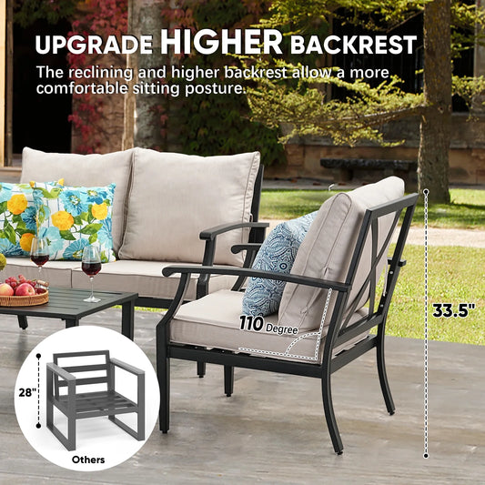 JOYURE 4 pieces Patio Furniture Set w/loveseat,Coffe Table,Outdoor Conversation Metal Sofa with High Back and Thick Cushion,for Backyard,Garden,Beige