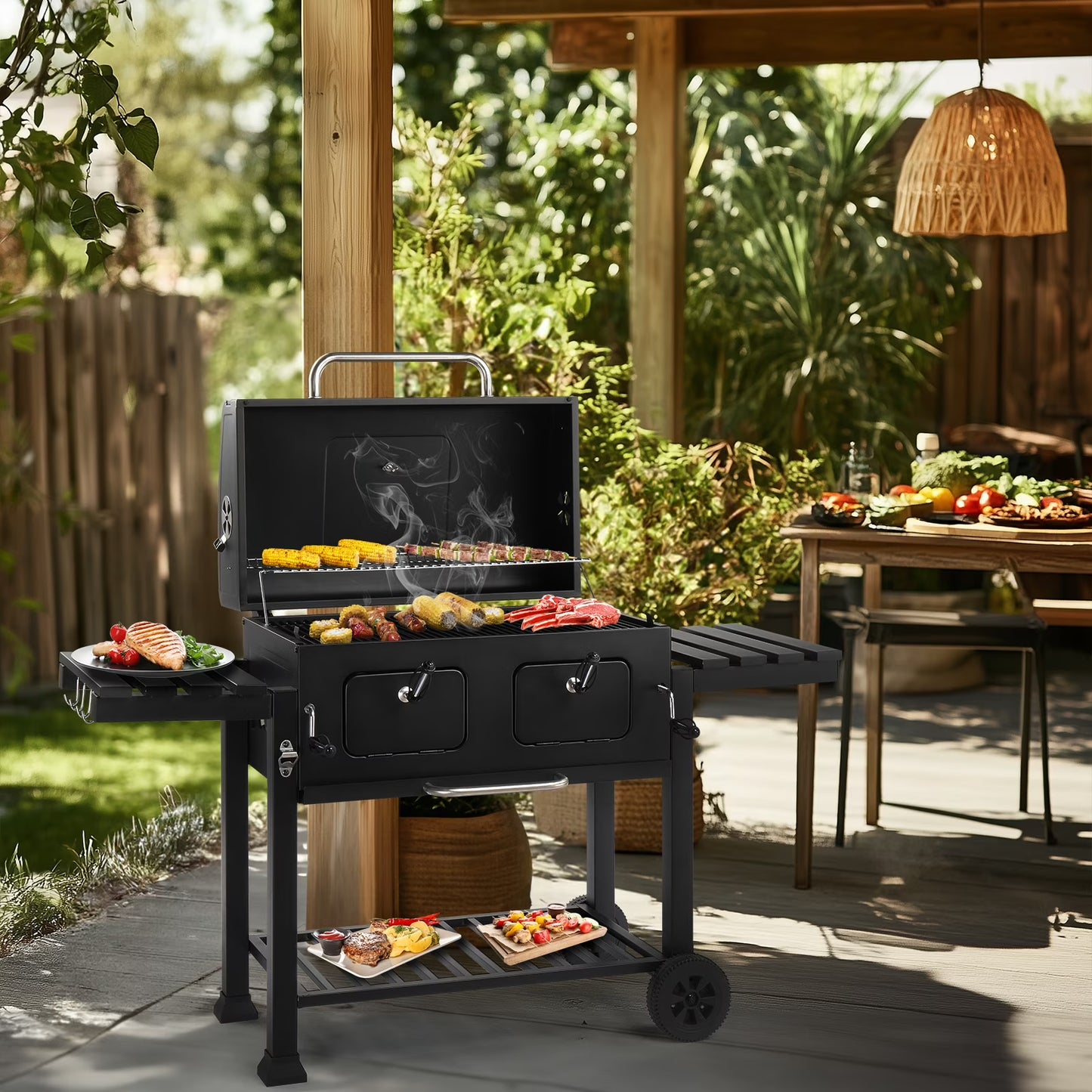 Ktaxon BBQ Grill Outdoor Charcoal Grill Smoker Large-sized Barbecue Grill with 2 Charcoal Doors for Patio,Backyard,Garden