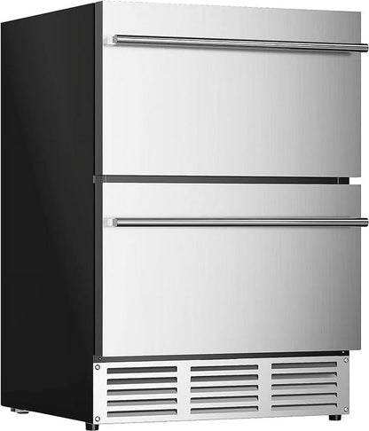 QAUSOU 24 Inch Under Counter Double Drawer Fridge, Weather Proof Stainless Steel Outdoor Beverage Refrigerator for Patio