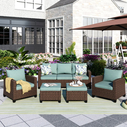 MF Studio 7-Seat Outdoor Patio Conversation Set Wicker Furniture Sofa Set Blue