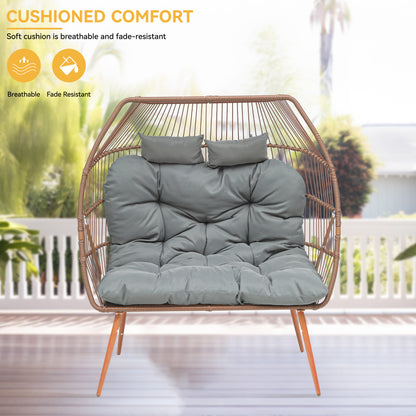 Uforic Beige Dual Egg Seat with Base, 2-Person Wicker Egg Chair for Indoor/Outdoor Patio Use with Cushions, Supports up to 510lbs, Perfect for Patio, Bedroom, Garden, and Balcony