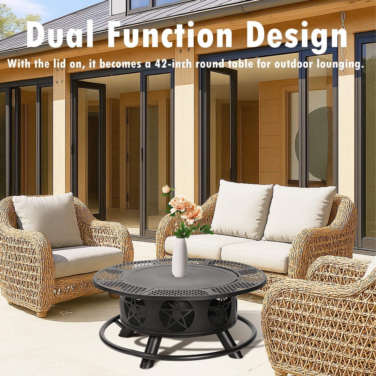 MistMo 36 inch Round Fire Pit with Grills, Wood Burning Fire Pits with Metal Lid for Outside Bonfire Outdoor Patio and Party