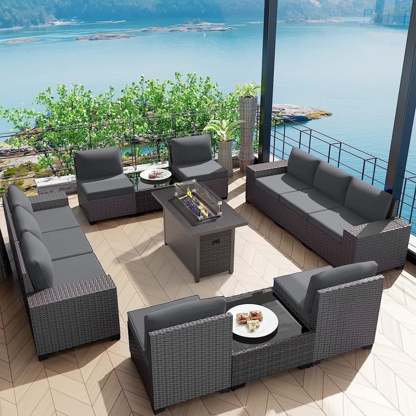 Phonjoroo 13 Pieces Outdoor Patio Furniture Set with 42? Fire Pit Table, Rattan Patio Sectional Sofa Conversation Set w/50000 BTU Propane Fire Pit and Coffee Table for Garden, Backyard
