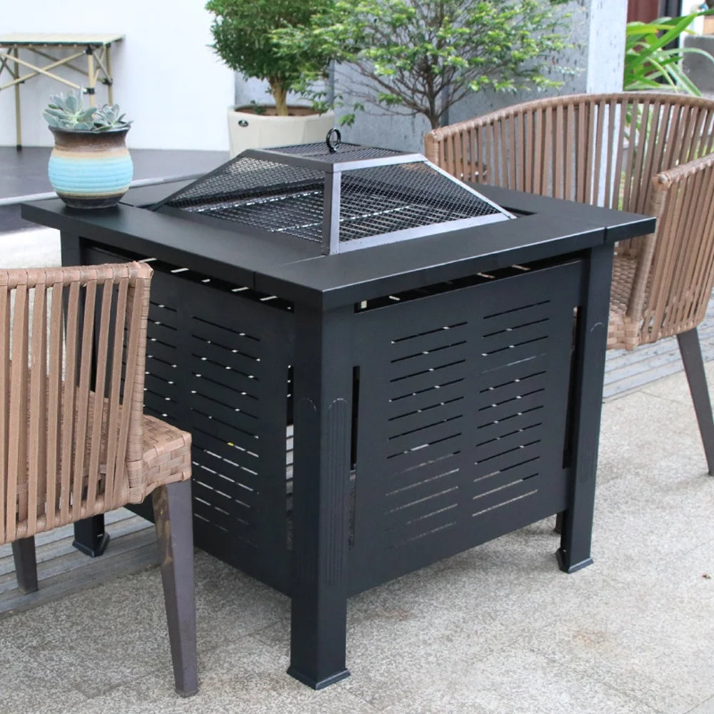 2 in 1 Smokeless Fire Pit Table for Outdoor Patio, Square Steel Heater with Removable Lid, Grill Over Stove, Multifunctional Firepit Table for Garden, Deck, Balcony, Backyard
