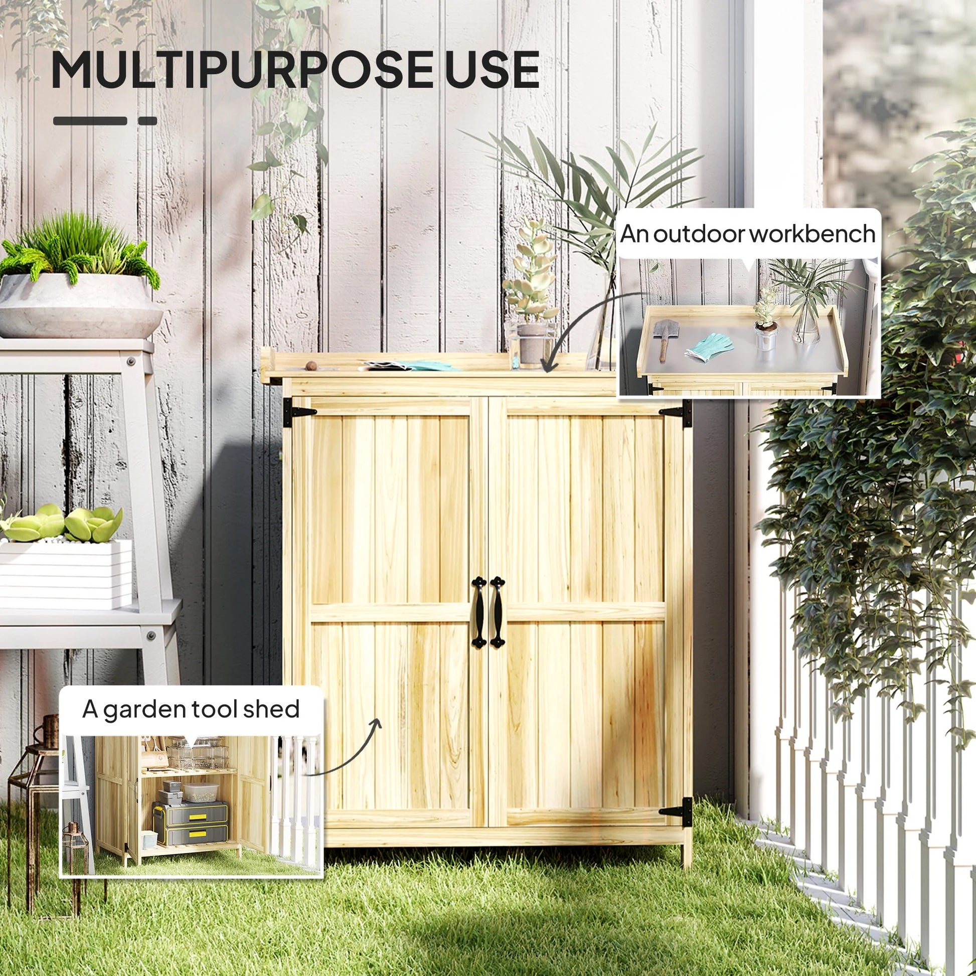Outsunny Outdoor Garden Shed, Wooden Backyard Shed with Metal Tabletop, Shelf and 2 Doors for Patio, Lawn, Gray