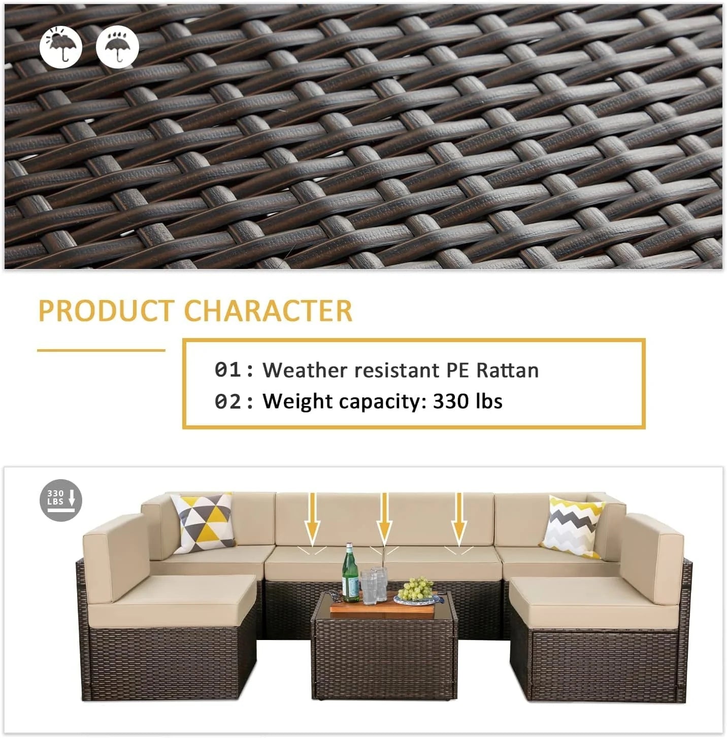 YODOLLA 7-Piece Outdoor Furniture Set, Rattan Wicker Sectional Sofa Couch Patio Conversation Set with Table In Beige
