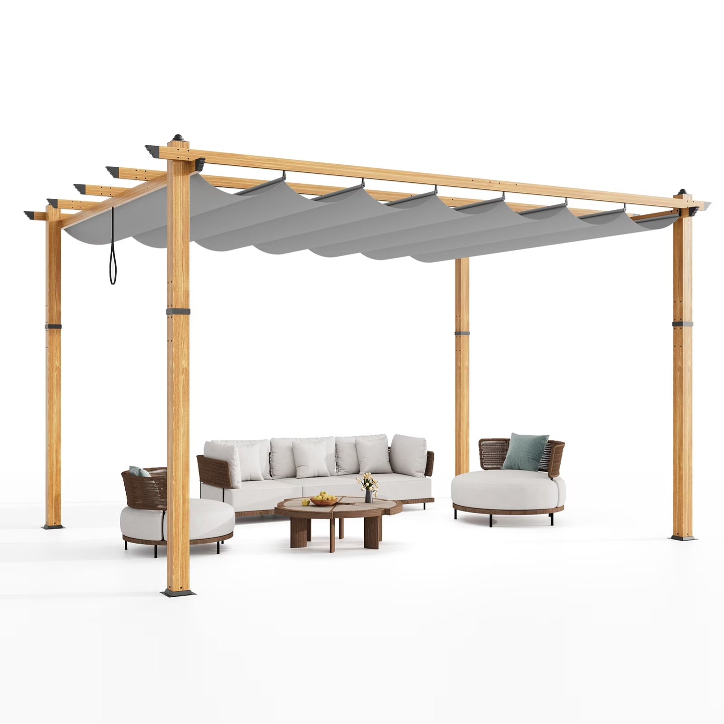 10x13 Ft Aluminum Pergola,Outdoor Metal Gazebo with Adjustable Canopy,Reinforced Frame Outdoor Shelter for Backyard,Patio Lawn and Deck - Wood grain beige