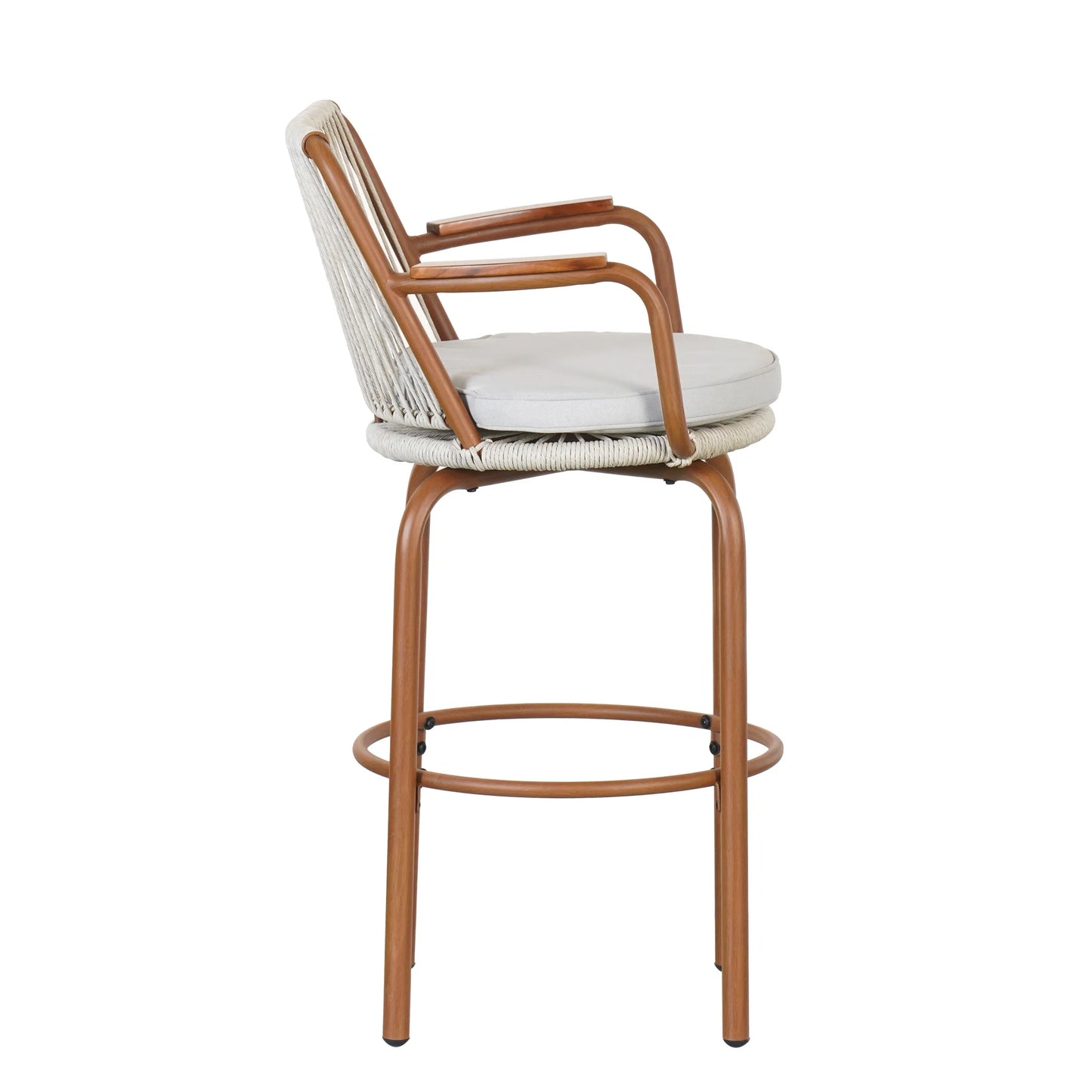 Lyric Modern 29" Outdoor Patio Bar Stools, Bar Chairs with Wood Grain Finish Frame with Hand-Woven PE Rattan Rope, Removable Cushions, Teak+Beige, Set of 2
