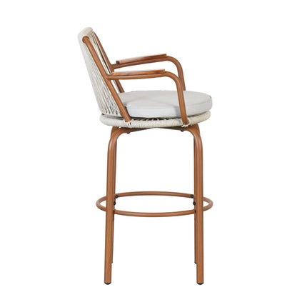 Lyric Modern 29" Outdoor Patio Bar Stools, Bar Chairs with Wood Grain Finish Frame with Hand-Woven PE Rattan Rope, Removable Cushions, Teak+Beige, Set of 2