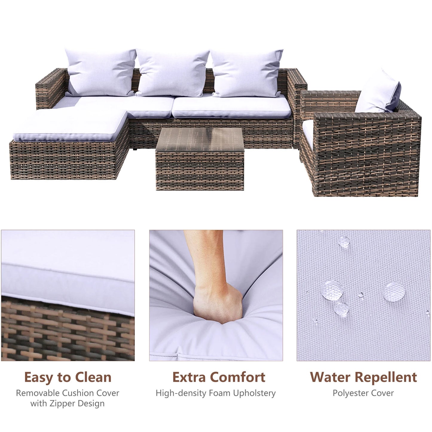 Rattan Patio Sofa Set, 4 Pieces Outdoor Sectional Furniture Set, All-Weather PE Rattan Wicker Patio Conversation Set, Cushioned Sofa Set with Glass Table for Patio Garden Poolside Deck
