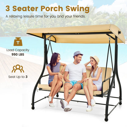 Gymax 3-Seat Outdoor Converting Patio Swing Glider Adjustable Canopy Porch Swing Beige
