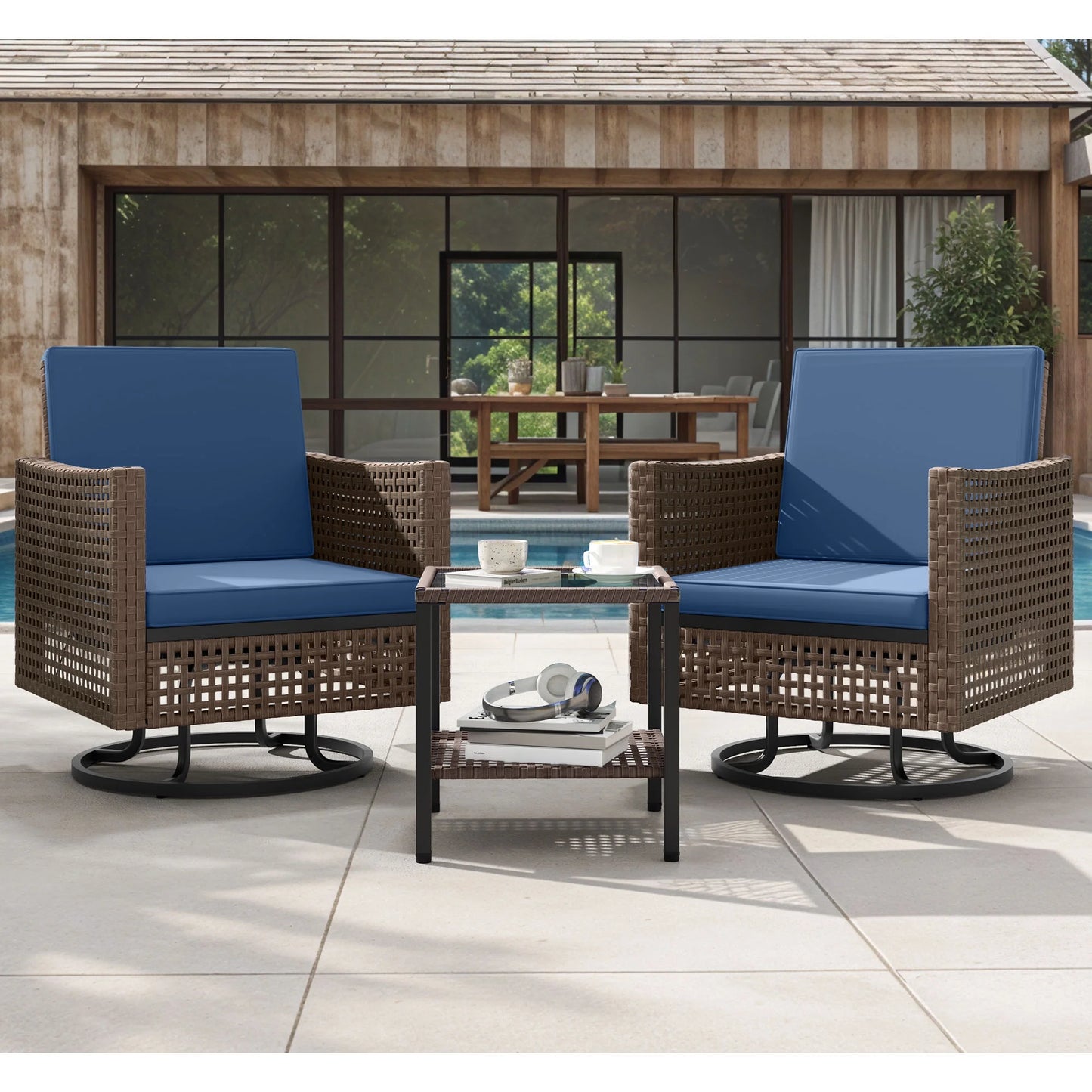 Dextrus Patio Swivel Chairs, Outdoor Wicker Swivel Glider Rocking Chairs set of 2 with Side Table,Bistro Swive Chairs Set for Porch Deck - Blue