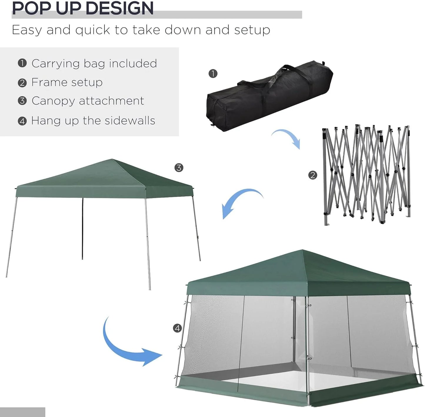 Slant Leg Pop Up Canopy Tent with Netting and Carry Bag, Instant Sun Shelter, Tents for Parties, Height Adjustable, for Outdoor, Garden, Patio, (11.5'x11.5' Base/10'x10' Top), Green