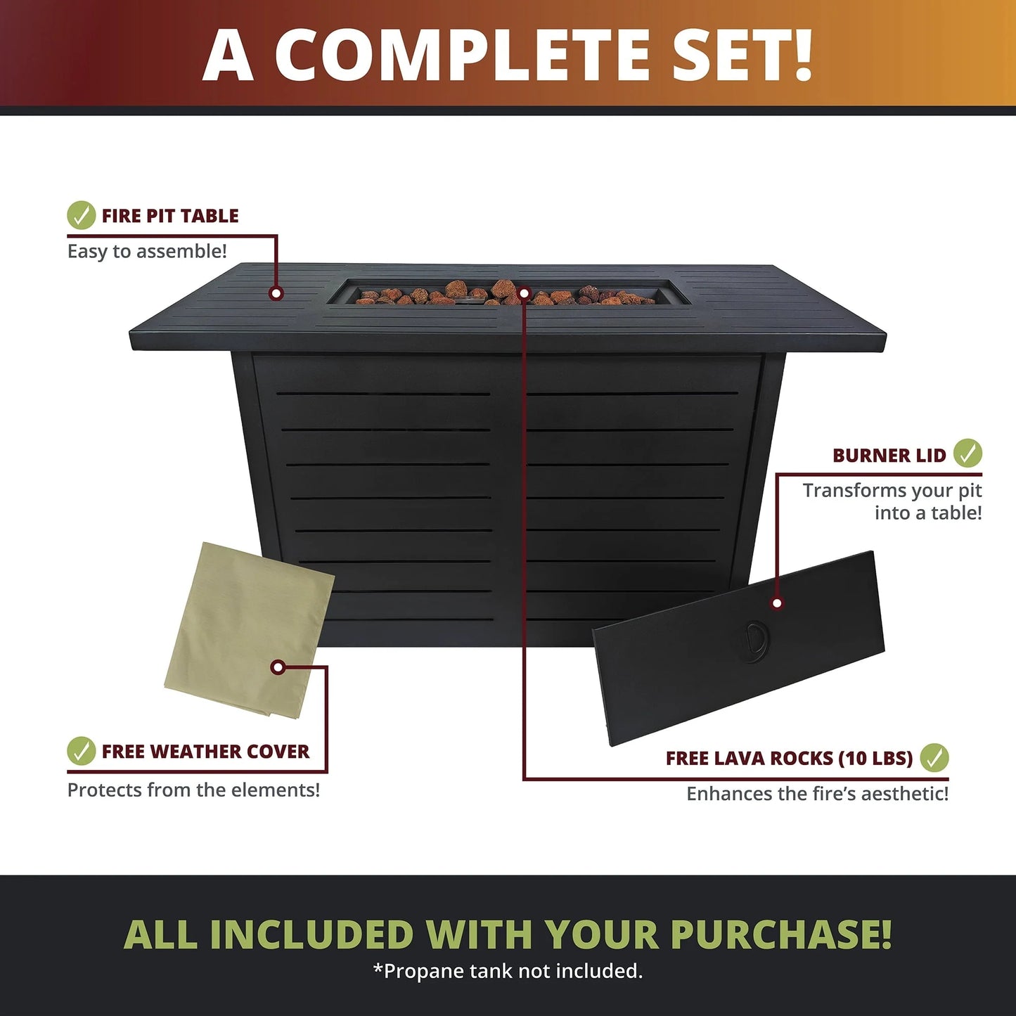 Kinger Home 42 inch Outdoor Propane Fire Pit Table for Patio, 50,000 BTU CSA Certified, Aluminum Frame, Lid, Weather Cover, Lava Rocks
