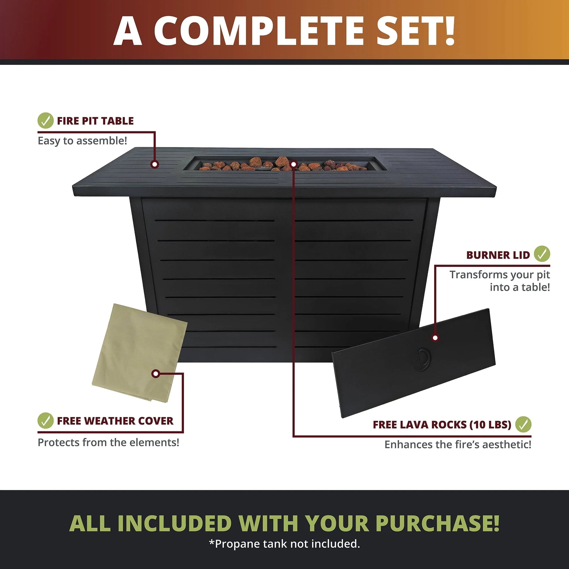 Kinger Home 42 inch Outdoor Propane Fire Pit Table for Patio, 50,000 BTU CSA Certified, Aluminum Frame, Lid, Weather Cover, Lava Rocks