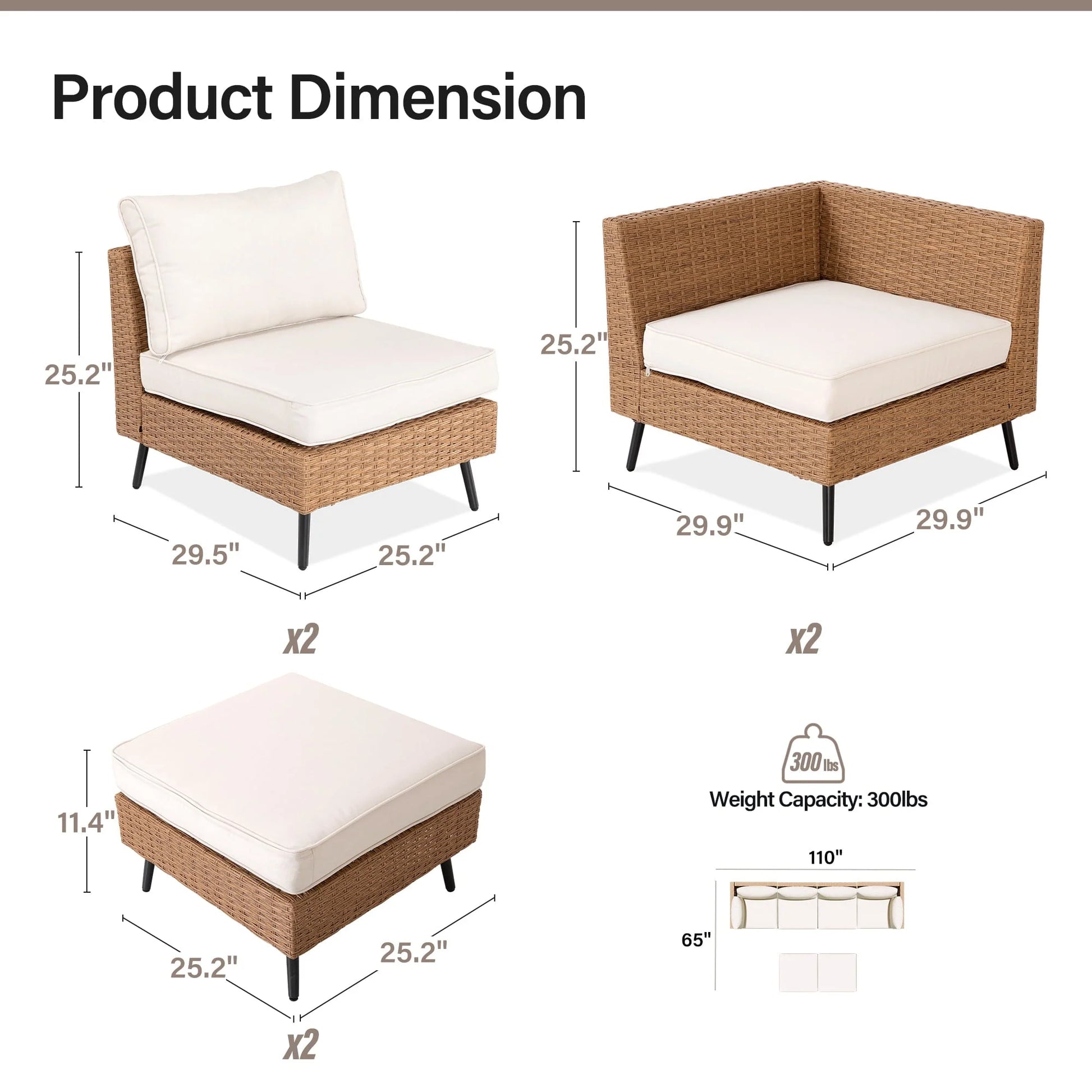 LAUSAINT HOME 6 Pieces Patio Conversation Set, Outdoor Sectional Wicker Sofa PE Rattan Furniture Set with Thick Cushions, Beige