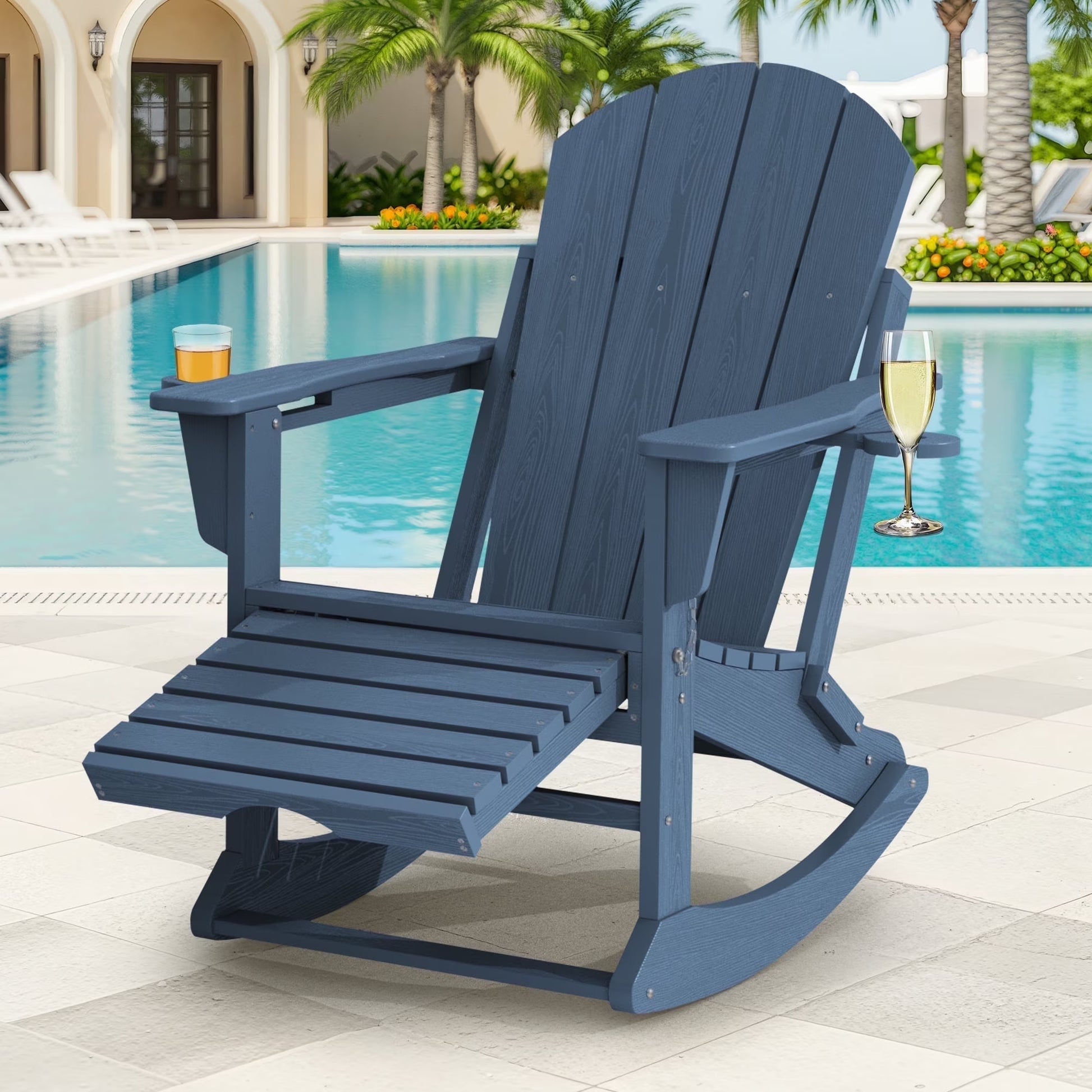 KINGYES Folding Adirondack Rocker Chair Set of 2 W/Footrest & Dual Cup Holders, HDPE Outdoor Patio Rocking Chair, Black
