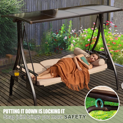 3-Seat Patio Porch Swing with Adjustable Hardtop,3 in 1 Convertible Outdoor Porch Swing for Adults,Patio Swing with Thicken Cushion,Pillows & Cup Holders for Porch,Backyard,Garden (Wine Red)