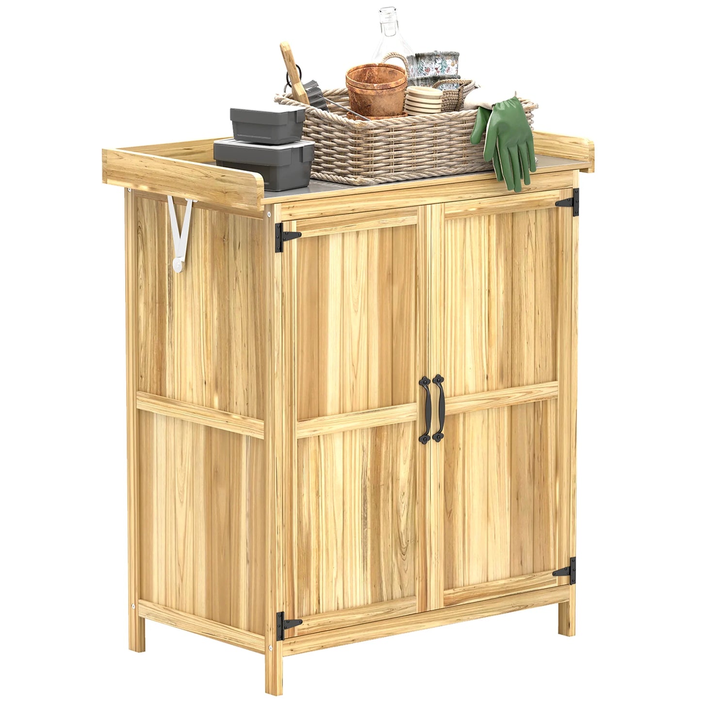 Outsunny Outdoor Garden Shed, Wooden Backyard Shed with Metal Tabletop, Shelf and 2 Doors for Patio, Lawn, Gray