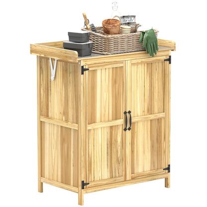 Outsunny Outdoor Garden Shed, Wooden Backyard Shed with Metal Tabletop, Shelf and 2 Doors for Patio, Lawn, Gray