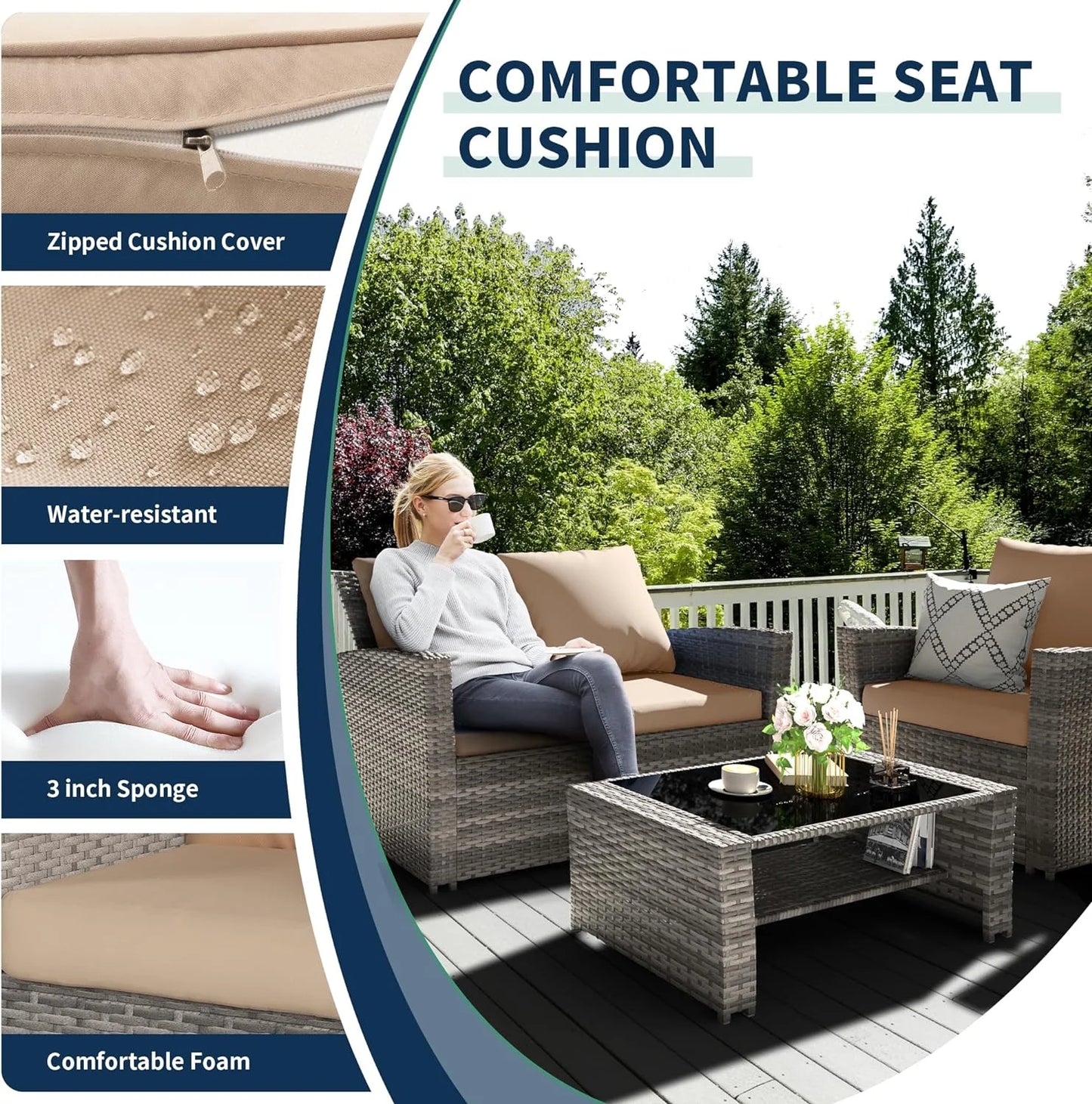 Poteban Wicker Patio Furniture Set, 4 Piece Outdoor Sectional Conversation Sets, Gray PE Rattan Patio Sofa Set for Balcony, Porch, Backyard, Grey