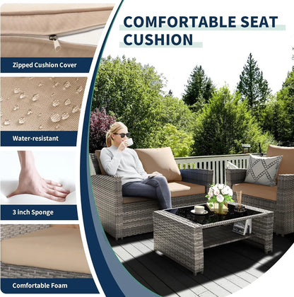 Poteban Wicker Patio Furniture Set, 4 Piece Outdoor Sectional Conversation Sets, Gray PE Rattan Patio Sofa Set for Balcony, Porch, Backyard, Grey
