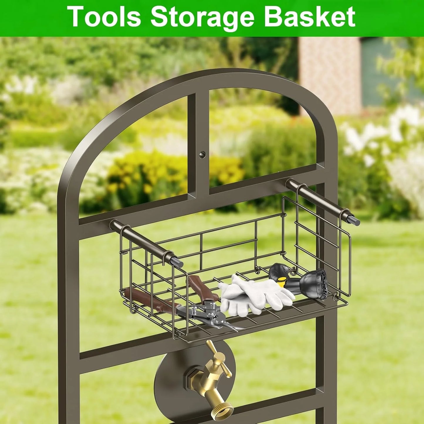 Garden Hose Holder with Brass Faucet, Freestanding Water Hose Stand with Storage Basket, Detachable Heavy Duty Hose Reel Hanger Holds 150-Feet Hose for Outside Patio Yard Lawn