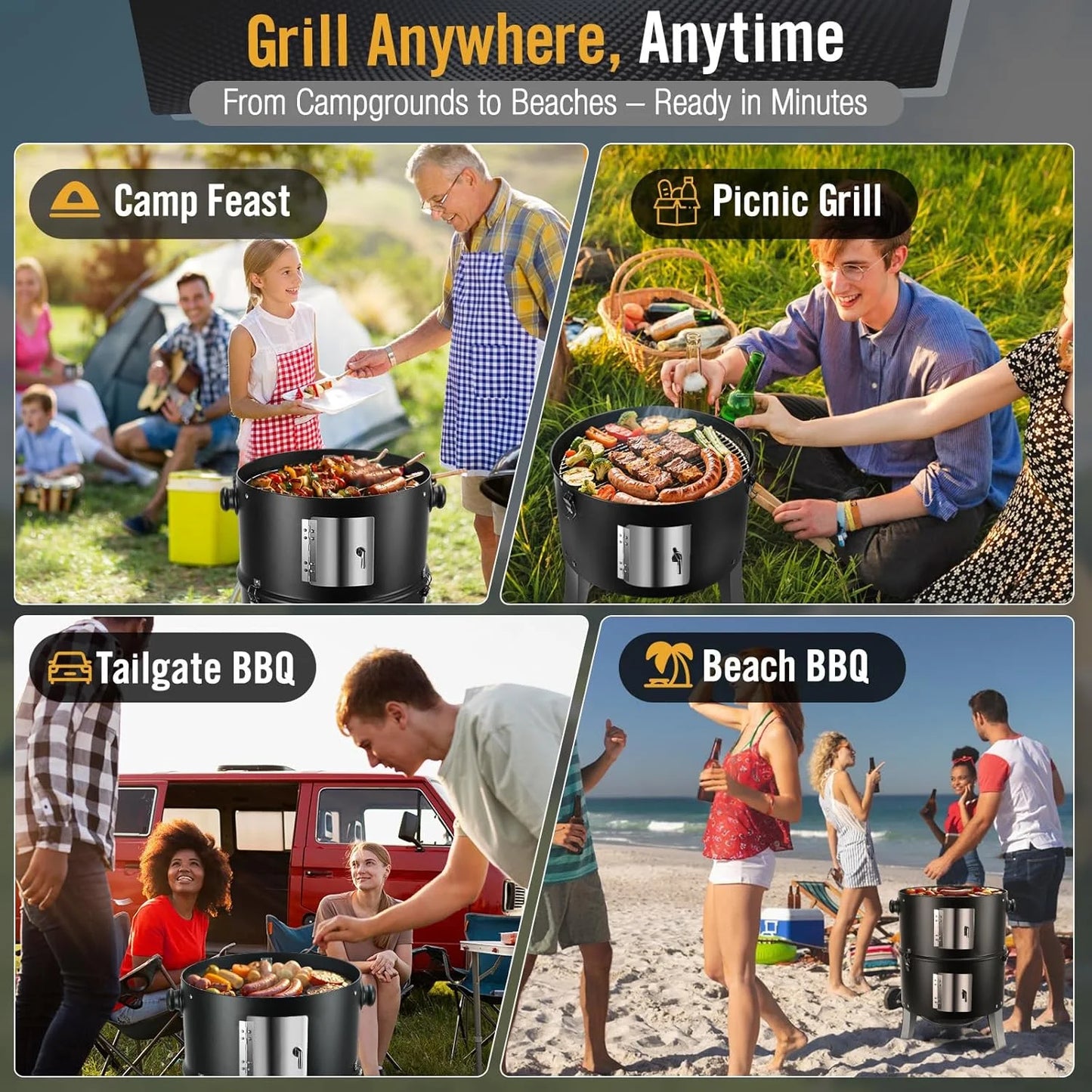 BBQ Charcoal Smoker for Meat: 16 Inch Heavy Duty 4 In 1 BBQ Charcoal Grills - Vertical Barbecue Smokers Grill Combo for Outdoor Cooking Patio Backyard Picnic Party Grilling