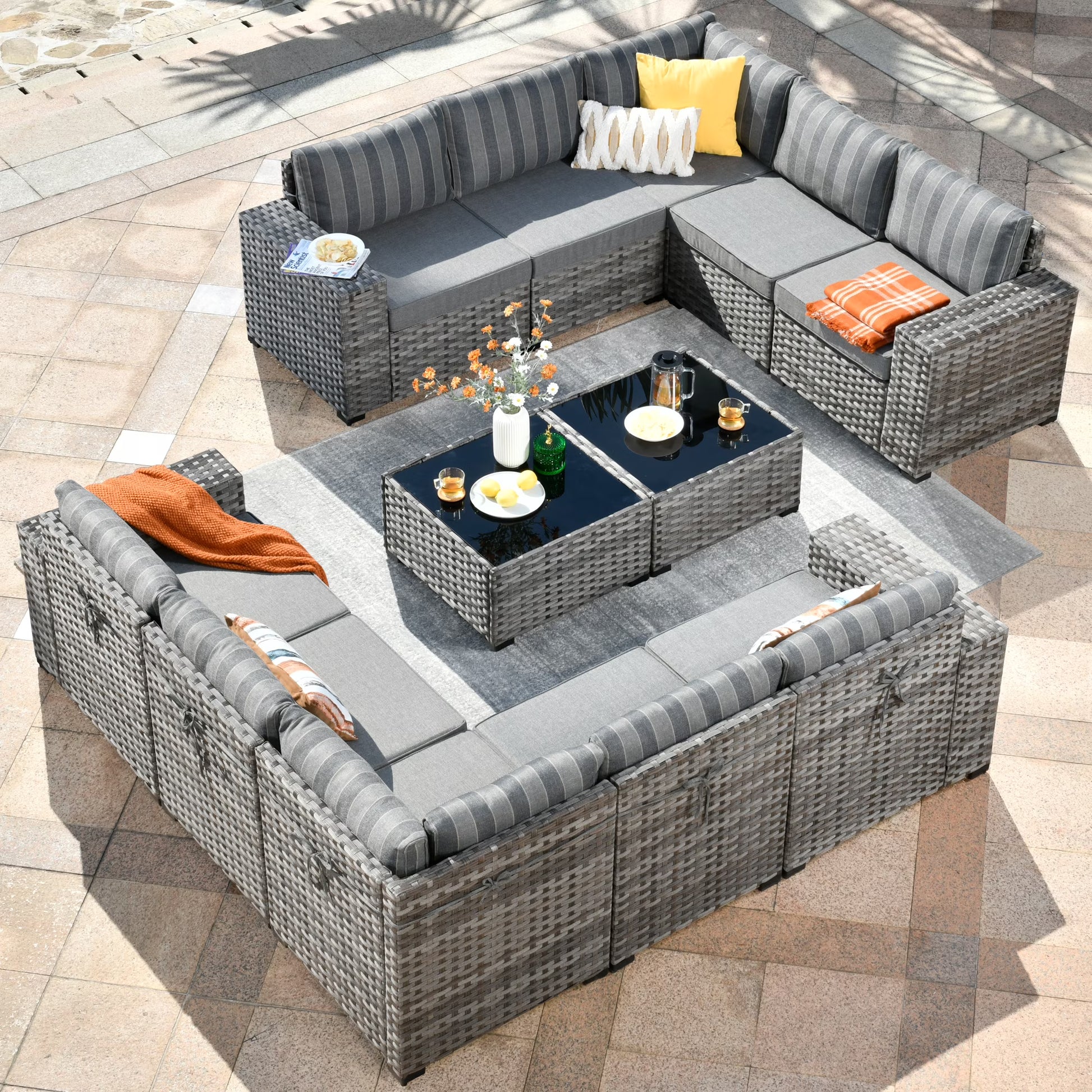 Ovios 12 Pieces Outdoor Furniture All Weather Wicker Patio Conversation Sectional Sofa Set with Side Table for Garden Backyard