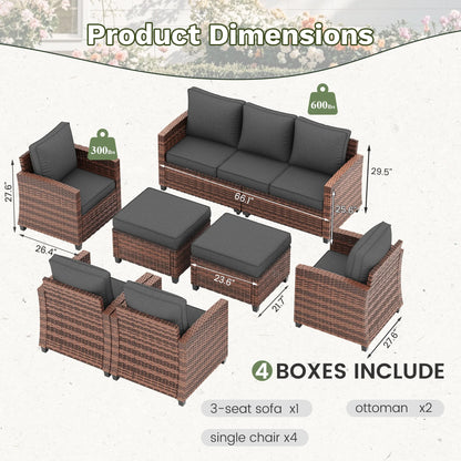 POTEBAN Patio Furniture Set, 7 Pieces Outdoor Sectional Sofa Couch with Chairs, Ottomans and Comfy Cushions, All Weather Wicker Rattan Patio Conversation Set for Garden Backyard Dark Grey