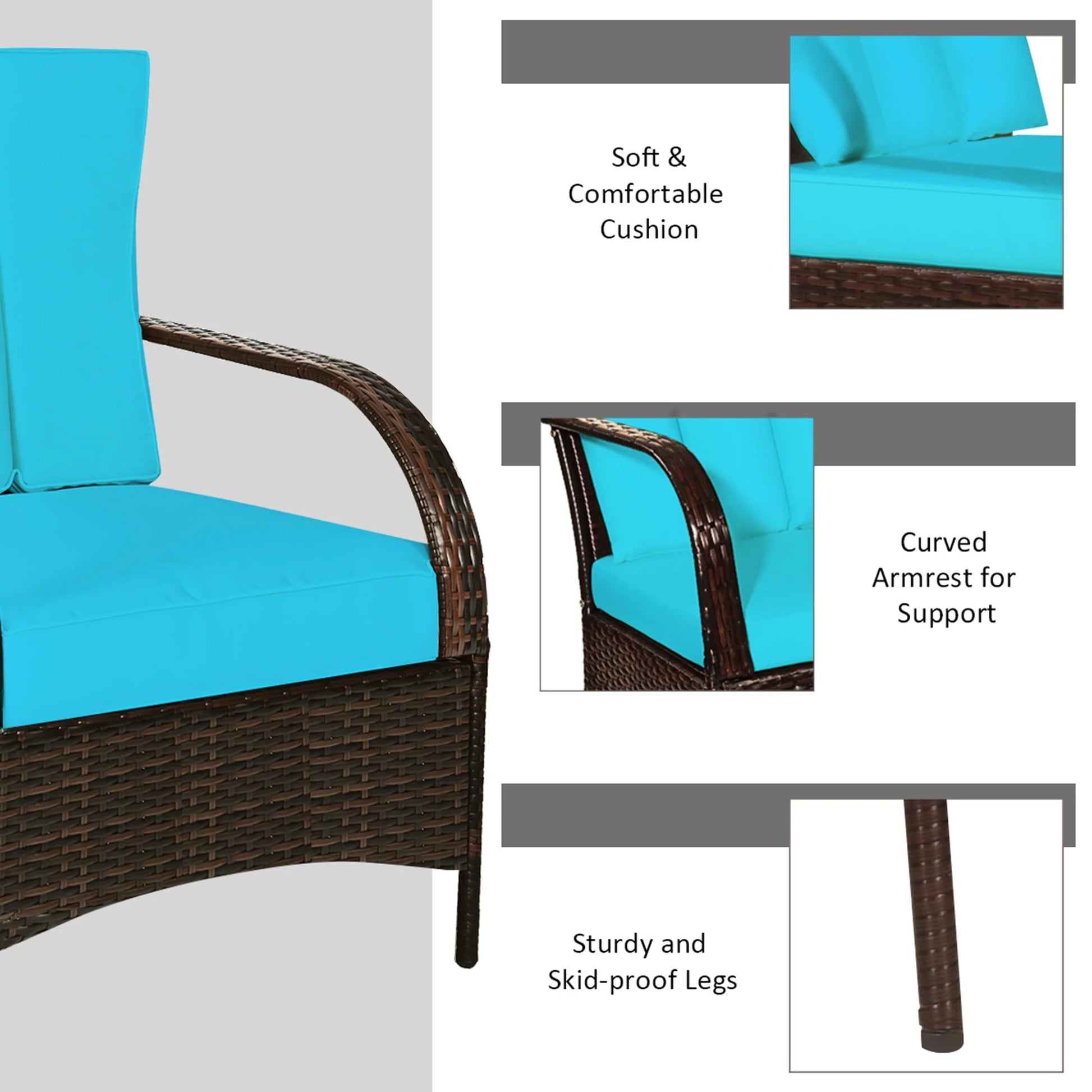 Gymax 3PCS Patio Rattan Conversation Set Outdoor Furniture Set w/Turquoise Cushion