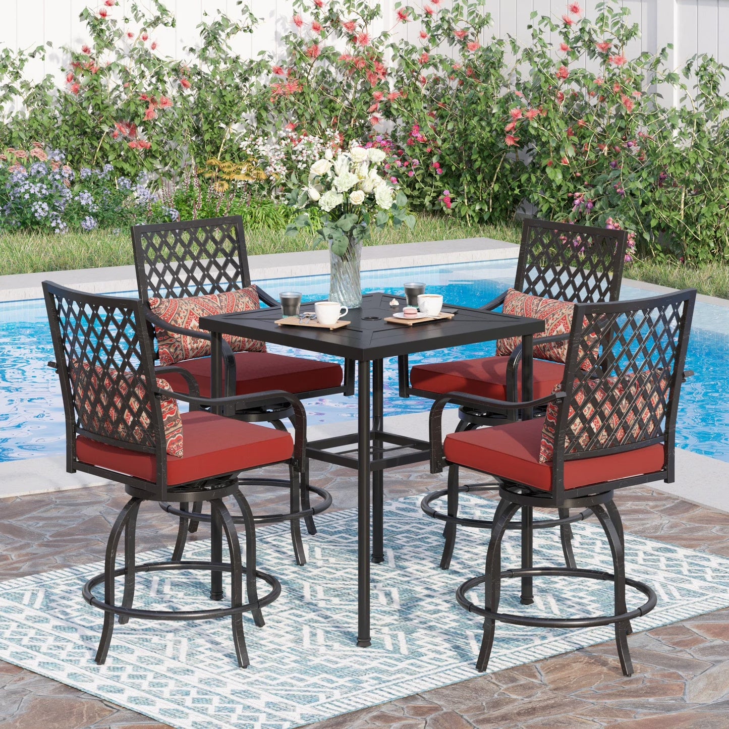 Sophia & William 3 Piece Outdoor Patio Swivel Bar Stools Set & Height Table Backyard Furniture Bistro Set, Red