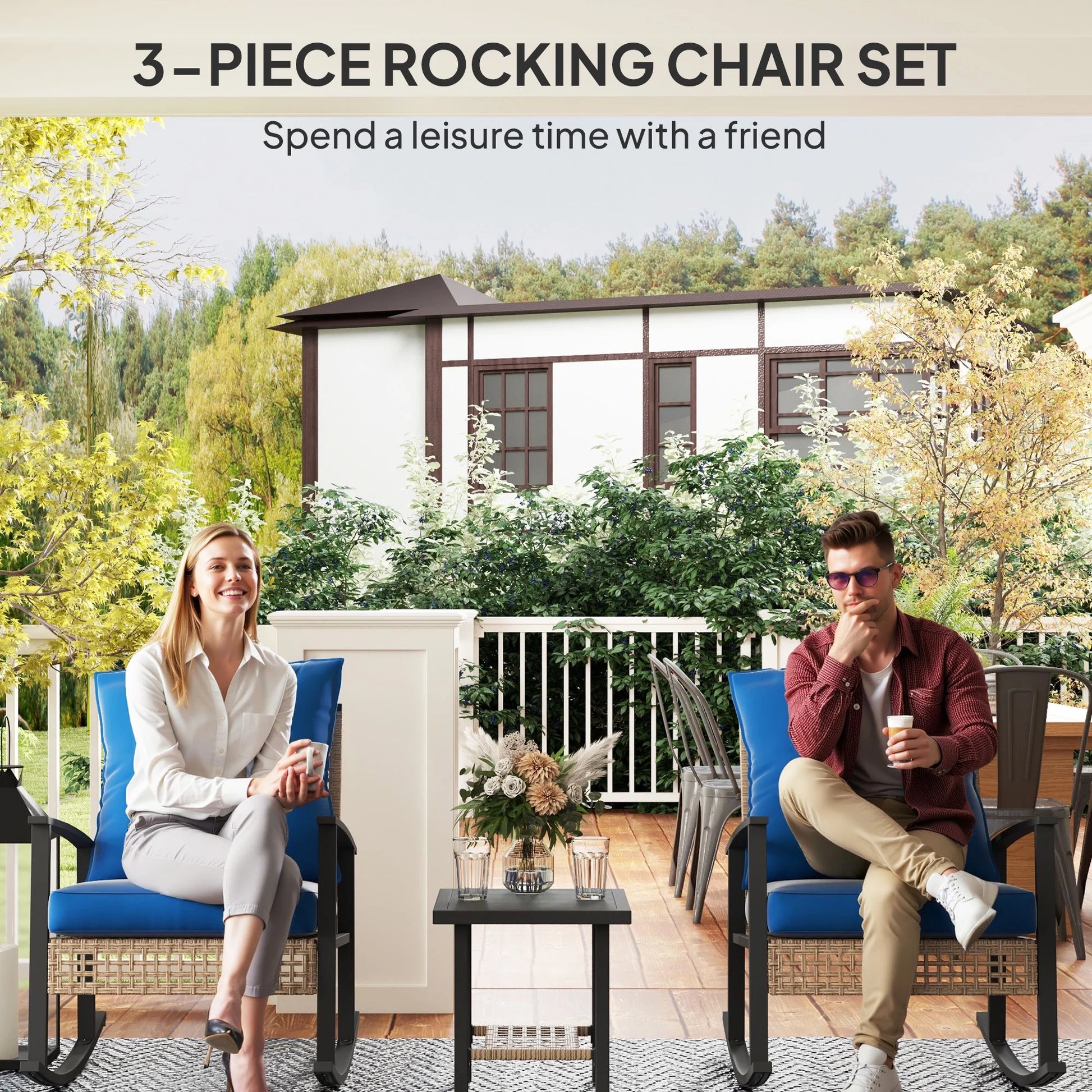 Outsunny 3 Pieces Patio Bistro Set, Wicker Furniture Set with Button Tufted Cushions, Rattan Rocking Chairs and Coffee Table, Dark Blue