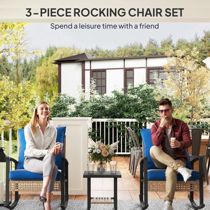 Outsunny 3 Pieces Patio Bistro Set, Wicker Furniture Set with Button Tufted Cushions, Rattan Rocking Chairs and Coffee Table, Dark Blue