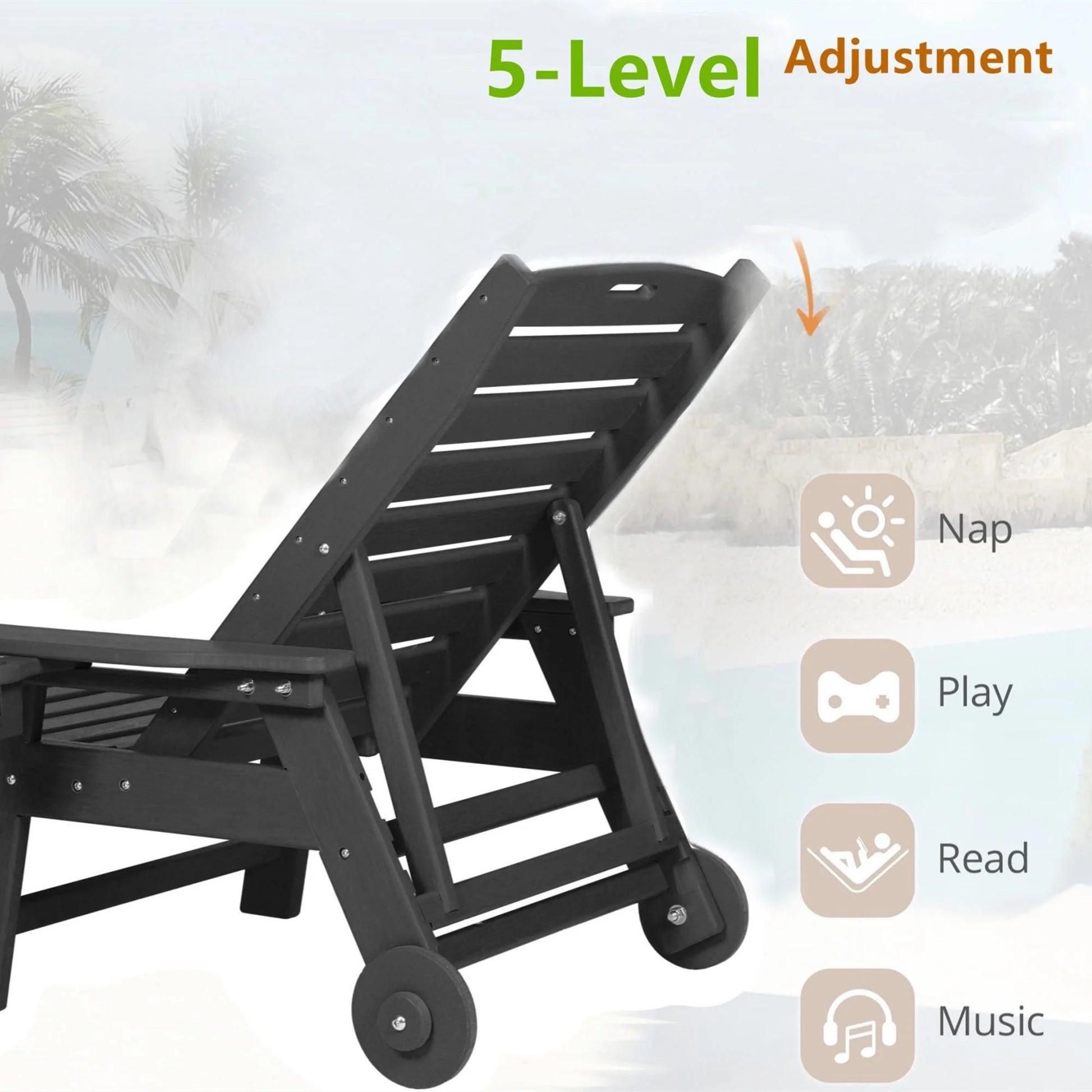 Aukfa 3 Pcs Outdoor Patio Chaise Lounge w/Coffee Table& Cup Holder, Adjustable Backrest, HDPE, Black