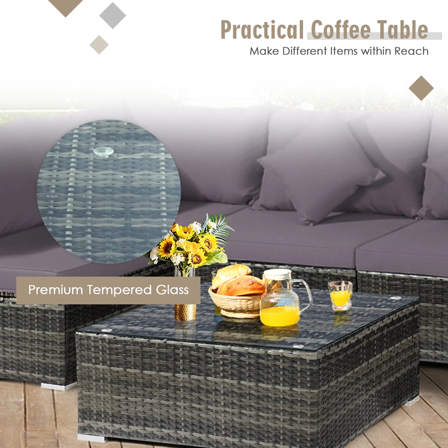Gymax 7PCS PE Rattan Patio Sectional Sofa Conversation Set w/Grey Cushions