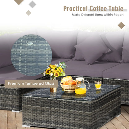 Gymax 7PCS PE Rattan Patio Sectional Sofa Conversation Set w/Grey Cushions