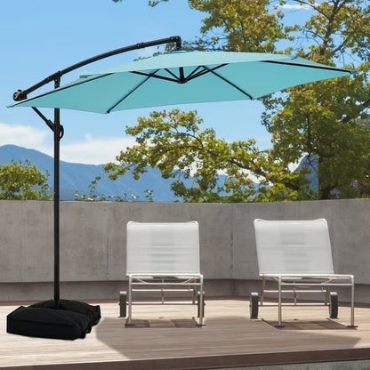 Ainfox 10ft Cantilever Patio Umbrella with Lights, Offset Market Umbrella with Sandbags Weighted Base and Cross Base,Khaki