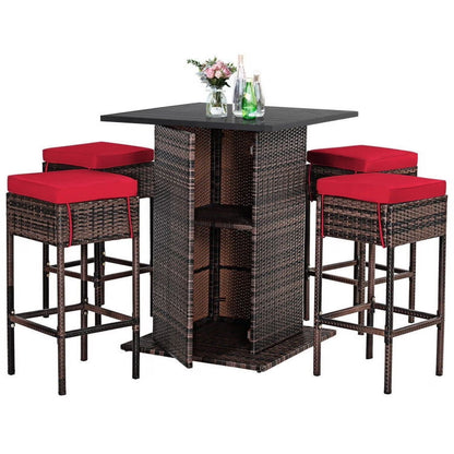 Aimee Lii 5 Pieces Patio Rattan Bar Table Stool Set Hidden Storage Shelf Cushioned, Outdoor Patio Furniture, Red